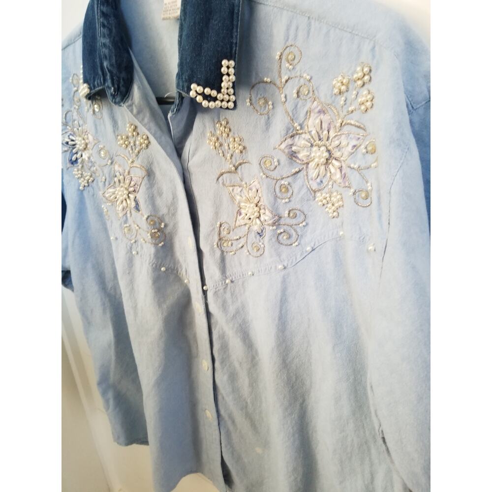 Vintage Jane Ashley Chambray Shirt Womens M Embellished Beaded Cottagecore